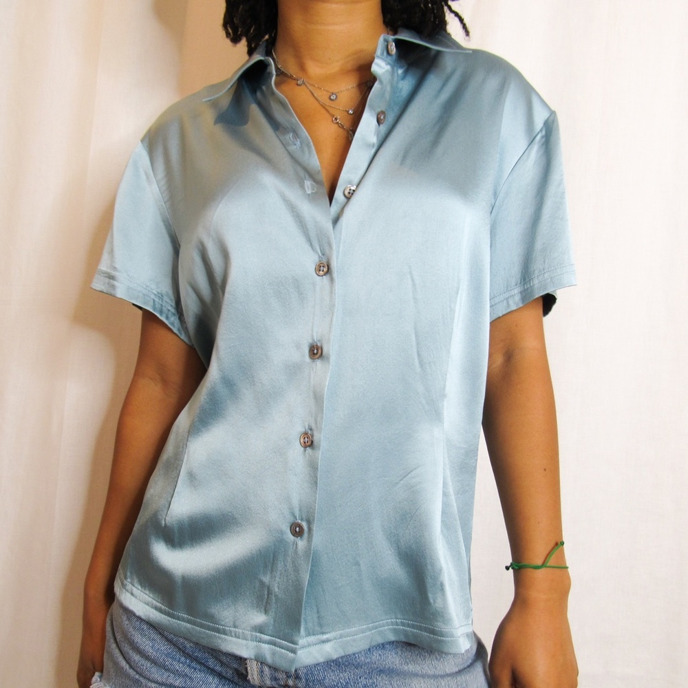 HALSTON SILK AQUA BUTTON DOWN
